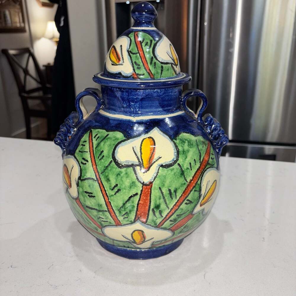 Vintage Mexican Talavera Pottery Ginger Jar Hand-Painted Calla Lily